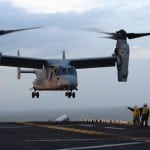 A US. Marine Corps V-22 lifting off a ship. Photo: U.S. Navy