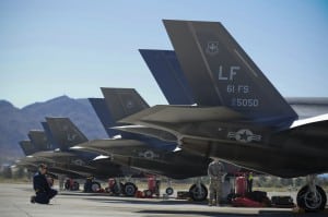 Maintenance staff inspect one of the 10 Luke AFB F-35s sent to Nellis AFB for a training deployment, April 15, 2015. Photo: U.S. Air Force.