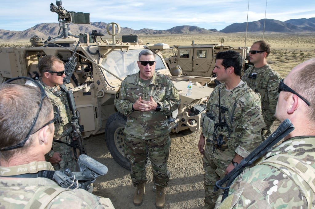 U.S. Army Chief of Staff Gen. Mark A. Milley talks with Special Operation Forces Soldiers training at the U.S. Army National Training Center, Ft. Irwin, Calif., Nov. 6, 2016. (U.S. Army photo by Sgt. 1st Class Chuck Burden)
