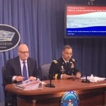 John Roth (left), performing the duties of Pentagon chief financial officer and Army Lt. Gen. Anthony R. Ierardi, Joint Staff director for force structure, resources and assessment, brief the press at the Pentagon on May 23, 2017. (Photo by Dan Parsons)