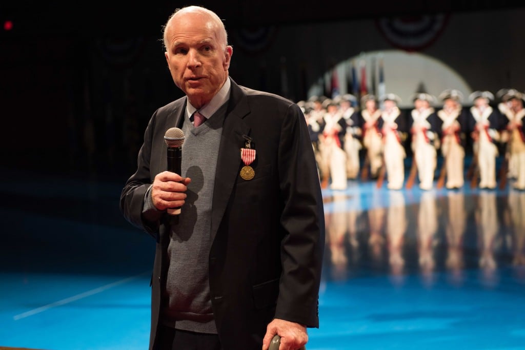 Gen. Mark A. Milley, 39th Chief of Staff of the Army, hosts a special Twilight Tattoo performance to recognize Senator John S. McCain III, for his over 63 years of dedicated service to the Nation and the U.S. Military in Conmy Hall, Joint Base Myer-Henderson Hall, Va., Nov. 14, 2017. Senator McCain was awarded the Outstanding Civilian Service Medal for his exceptional voluntary contributions to the United States Army and Military. (U.S. Army photos by Pfc. Gabriel Silva)