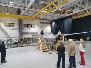 Boeing shows off its prototype for the MQ-25 unmanned carrier tanker offering to reporters. (Photo: Defense Daily)