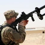CAMP BUEHRING, Kuwait – A 1st Security Forces Assistance Brigade (SFAB) Soldier uses a Drone Defender to capture and control a drone as its flying, Mar. 6, 2018. The Drone Defender uses an electromagnetic pulse to disable its target and has a range of 600 meters. (U.S. Army photo by Mr. Brent Thacker)
