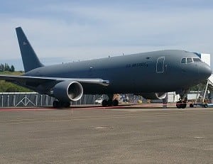A KC-46A test plane at Boeing Field in Seattle. (Photo by Marc Selinger/Defense Daily)
