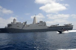 Sailors operate a rigid-hull inflatable boat during training from the amphibious transport dock ship USS Mesa Verde (LPD-19). (U.S. Navy photo by Seaman Phylicia A. Hanson/Released)