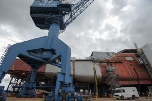 The second ship of the Zumwalt class under construction at General Dynamics Bath Iron Works in 2014. (Photo: Dana Rene, special to Defense Daily)