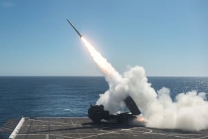 The High Mobility Artillery Rocket System (HIMARS) is fired from the flight deck of the amphibious transport dock ship USS Anchorage (LPD 23) during Dawn Blitz 2017. (U.S. Navy photo by Mass Communication Specialist 2nd Class Matthew Dickinson) 