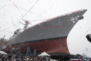 The future USS Thomas Hudner (DDG-116) guided-missile destroyer was christened on April 2017 in Bath, Maine. (Photo: U.S. Navy)
