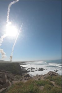 Two Ground-Based Interceptors (GBI) launch from Vandenberg Air Force Base, Calif. on March 25, 2019, in the first salvo test of an ICBM target. The GBIs successfully intercepted a target launched from the Ronald Reagan Ballistic Missile Defense Test Site on Kwajalein Atoll. (Photo: Missile Defense Agency)