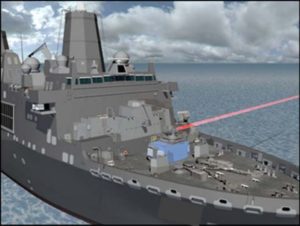 Rendering of the 150 kW Solid State Laser Technology Maturation (SSL-TM) demonstrator weapon firing from the USS Portland (LPD-27). (Image: Office of Naval Research).