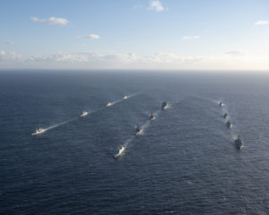 Ships steam in formation during exercise Formidable Shield 19 on May 9, 2019.. Formidable Shield is designed to improve allied interoperability in a live-fire, integrated air and missile defense environment using NATO command and control reporting structures. (Photo: U.S. Navy).
