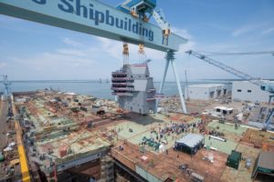 Huntington Ingalls Industries landed the island on to the flight deck of the future aircraft carrier John F. Kennedy (CVN-79) during a ceremony at the company’s Newport News Shipbuilding division on May 29, 2019. (Photo: HII)