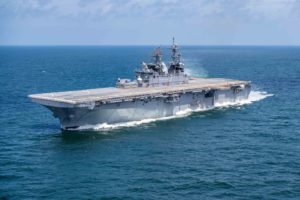 The future USS Tripoli (LHA-7) amphibious assault ship sailed in the Gulf of Mexico for four days during four days of builder’s sea trials in July 2019. (Photo: Huntington Ingalls Industries)