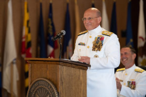 Chief of Naval Operations (CNO) Adm. Mike Gilday delivers his first remarks as the 32nd CNO during a change of office ceremony held at the Washington Navy Yard. Gilday. (Photo: U.S. Navy)