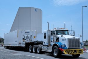 A truck transporting the first radar panel to Clear Air Force Station prepares to leave Lockheed Martin’s Moorestown, N.J., facility. (Photo: Lockheed Martin)