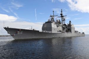 The guided-missile cruiser USS Hue City (CG-66) transits into Naval Station Mayport, Fla. in August 2017. (Photo: U.S. Navy)