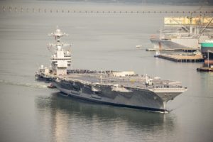 The USS Gerald R. Ford (CVN-78) gets underway for the first time on Oct. 25 after undergoing its post-shakedown availability that started in July 2018. Ford is currently conducting sea trials off the coast of Virginia. (Photo: U.S. Navy)