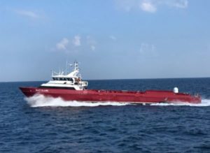 A Ghost Fleet Overlord test vessel takes part in a capstone demonstration during the conclusion of Phase I of the program in September. The Navy did not disclose which of two teams is using this vessel. (Photo: U.S. Navy)