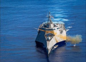 The Independence-variant littoral combat ship USS Gabrielle Giffords (LCS-10) launches a Naval Strike Missile (NSM) during the biennial Pacific Griffin exercise as part of a sinking exercise on Oct. 1. (Photo: U.S. Navy)