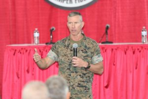 Lt. Gen. Eric Smith, commanding general of Marine Corps Combat Development Command (MCCDC) and deputy commandant for Combat Development and Integration, gives a keynote address at the 2019 Modern Day Marine Military Exposition at Marine Corps Base Quantico, Virginia. (Photo: U.S. Marine Corps)