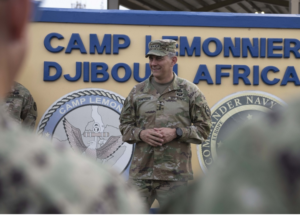 U.S. Army Gen. Stephen J. Townsend, commander of U.S. Africa Command, meets with troops assigned to the Combined Joint Task Force-Horn of Africa, Nov. 3, 2019, on Camp Lemonnier, Djibouti. Townsend visited to engage with key partners on the long-term stability in East Africa, oversee the multinational maritime exercise Cutlass Express and recognize U.S. service members in the region. (U.S. Air Force Photo by Senior Airman Codie Trimble)