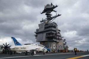 A T-45 Goshawk assigned to Air Test and Evaluation Squadron (VX) 23 transits on the flight deck aboard the aircraft carrier USS Gerald R. Ford (CVN 78) during aircraft compatibility testing on Jan. 17, 2020. (Photo: U.S. Navy)