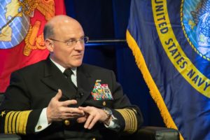 Adm. Michael Gilday, Chief of Naval Operations, addresses a question during a Sea Service Chiefs town hall panel discussion at the annual 2020 WEST conference on March 2. (Photo: U.S. Navy)