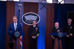 Acting Secretary of the Navy, Thomas Modly and Adm. Mike Gilday, Chief of Naval Operation host a press briefing to discuss Navy support during the COVID-19 response at the Pentagon Briefing Room on March 24, 2020. (Photo: DoD)