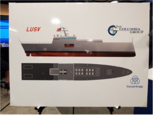 Thyssenkrupp rendering of their Large Unmanned Surface Vessel (LUSV) offering at the Surface Navy Association Symposium in January 2020. (Photo: Richard Abott)