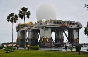 The floating mobile Sea-Based X-Band Radar is part of the Missile Defense Agency’s ballistic missile defense system. The radar is mounted on a convertedocean-going semi-submersible oil platform. (Photo: U.S. Navy)