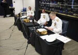 Rear Adm. Lorin C. Selby (right), address the Naval Research Enterprise (NRE) as the Chief of Naval Research (CNR) for the first time during his a change of command ceremony at the Office of Naval Research (ONR) on May 29, 2020. (Photo: U.S. Navy)