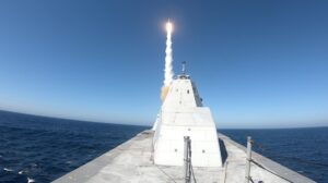 The USS Zumwalt (DDG-1000) successfully executed the first live fire test of the MK 57 Vertical Launching System with a Standard Missile (SM-2) on the Naval Air Weapons Center Weapons Division Sea Test Range, Point Mugu on Oct. 13, 2020. (Photo: U.S. Navy)