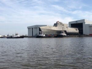 The future USS Mobile (LCS-26) rolled out of its assembly bay and was launched in early 2020. (Photo: Austal USA)