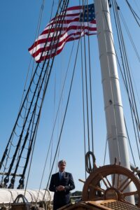 Secretary of the Navy Kenneth Braithwaite announces USS Constellation (FFG-62) as the name for the first ship in the new Guided Missile Frigate class of ships while aboard the museum ship Constellation in Baltimore Inner Harbor, Baltimore, Md., Oct. 7, 2020. (Photo: U.S. Navy by Mass Communication Specialist 2nd Class Levingston Lewis)