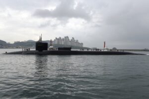 The Ohio-class guided-missile submarine USS Michigan (SSGN-727) arrives in Busan for a regularly scheduled port visit in 2017. (U.S. Navy photo by Mass Communication Specialist 2nd Class Jermaine Ralliford)