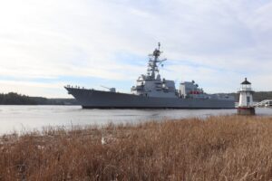 The future USS Daniel Inouye (DDG-118) gets underway for builder’s sea trials, sailing down the Kennebec River in Maine from General Dynamics’ Bath Iron Works shipyard in December 2020. (Photo: General Dynamics Bath Iron Works).