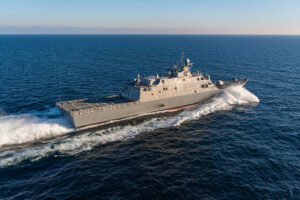The future USS Cooperstown (LCS-23) littoral combat ship undergoes acceptance trials in Lake Michigan in December 2020. (Photo: Lockheed Martin)