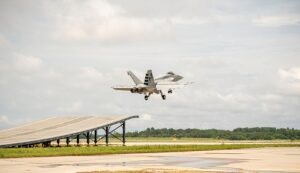 An F/A-18E/F Super Hornet successfully demonstrating launching from a ski jump, the type used by Indian aircraft carriers. (Photo: Boeing)