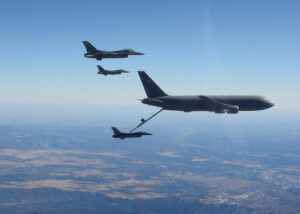 An F-16 Viper from the 49th Wing at Holloman AFB, N.M., conducts air refueling with a KC-46 Pegasus from Altus AFB, Okla., over the skies of New Mexico on Dec. 7, 2020--the first time an Air Education and Training Command KC-46 made contact and transferred fuel to an F-16 (U.S. Air Force Photo)