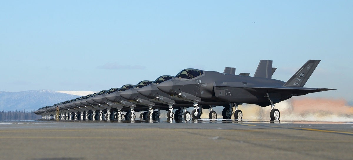 Twenty-five F-35A Lightning IIs assigned to the 354th Fighter Wing prepare to launch during exercise Arctic Gold 21-2 on April 7 at Eielson AFB, Alaska (U.S. Air Force Photo)