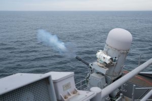 A close-in weapons system (CIWS) aboard USS Gerald R. Ford (CVN-78) is tested on Ford’s fantail as part of combat systems ship qualification trials (CSSQT) on April 15, 202 while underway in the Atlantic Ocean during its final independent steaming event of post-delivery tests and trials. (Photo: U.S. Navy by Mass Communication Specialist 3rd Class Robert Stamer)
