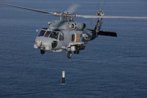 The Thales Airborne Low Frequency Sonar (ALFS) in use by an MH-60R helicopter. (Photo: Lockheed Martin)