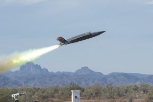 An XQ-58A Valkyrie launches at the Yuma Proving Grounds, Ariz. on Dec. 9, 2020 in the fifth launch for the drone. (U.S. Air Force Photo)