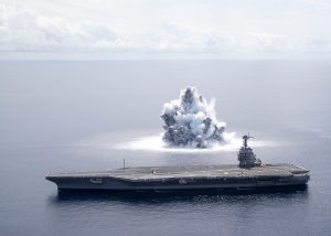 The aircraft carrier USS Gerald R. Ford (CVN-78) completes the first scheduled explosive event of Full Ship Shock Trials while underway in the Atlantic Ocean on June 18, 2021. (Photo: U.S. Navy)