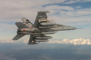 An EA-18G Growler from Air Test and Evaluation Squadron (VX) 23, located at Naval Air Station Patuxent River, Maryland, conducts a Next Generation Jammer Mid-Band (NGJ-MB) flight test over Southern Maryland in 2021 (Photo: U.S. Navy by Steve Wolff)