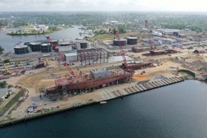 Aerial view of the first (front) and second Offshore Patrol Cutters under construction at Eastern Shipbuilding's facilities in Panama City, Fla. (Photo: ESG)