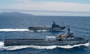 USS Ranger and USS Nomad SCO Ghost Fleet Overlord unmanned surface vessels underway in the Pacific Ocean near the Channel Islands on July 3, 2021. (Photo: U.S. Navy by Eric Parsons)