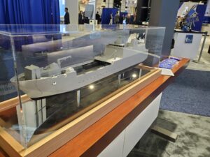 Austal USA concept mockup of the Light Amphibious Warship (LAW) presented at the Navy league's Sea Air Space expo in August 2021. (Photo: Richard Abott/Defense Daily)