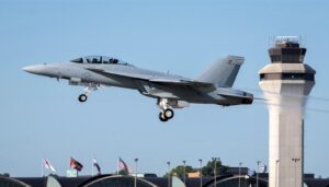 The first operational Block III F/A-18E/F Super Hornet flying at Lambert International Airport in St. Louis, Mo. before arriving at Naval Air Station Patuxent River, Md. in 2021 (Photo: Boeing).