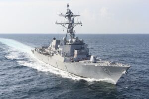 The Huntington Ingalls Industries-built future USS Frank E. Petersen Jr. (DDG-121) Flight IIA Arleigh Burke-class destroyer undergoing builder’s trials in the Gulf of Mexico in August 2021. (Photo: HII).